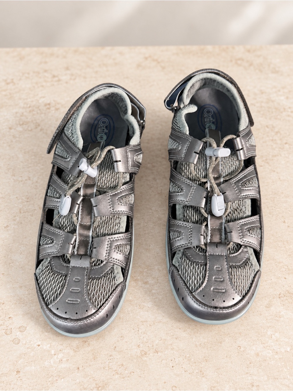 Comfort Walk Metallic Gray Women's Sandals with Adjustable Bungee